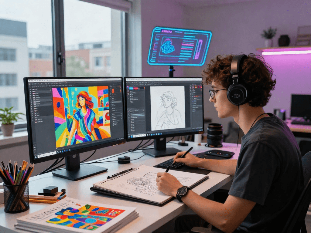 Artist creating AI NSFW illustrations in a vibrant modern workspace with dual monitors and urban views.