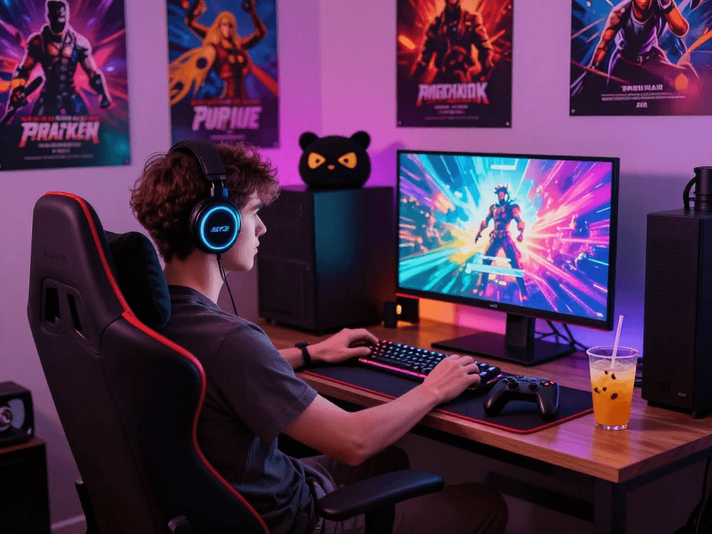 Engaging scene of a gamer playing porn games in a colorful gaming room.