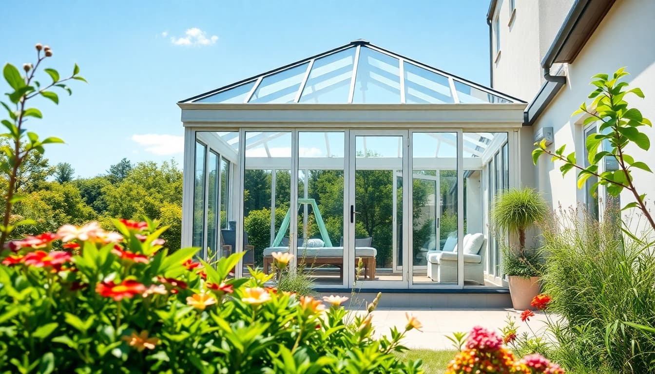 Enhance your home with a stunning sunroom install showcasing a modern glass structure in a vibrant garden setting.