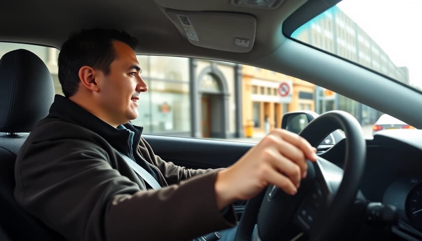 Experience automatic driving lessons Manchester with a professional instructor and student on a busy city street.