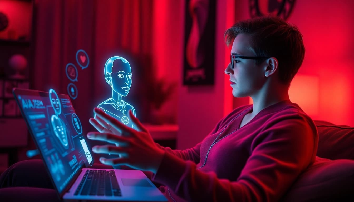 Engaging ai sex chat with a playful AI chatbot in a cozy and modern setting.