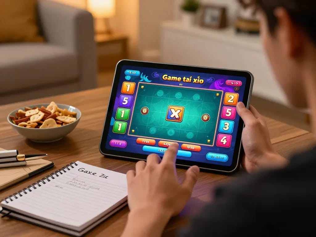 Engaging gameplay of Game tài xỉu on a tablet in a cozy home setting with snacks