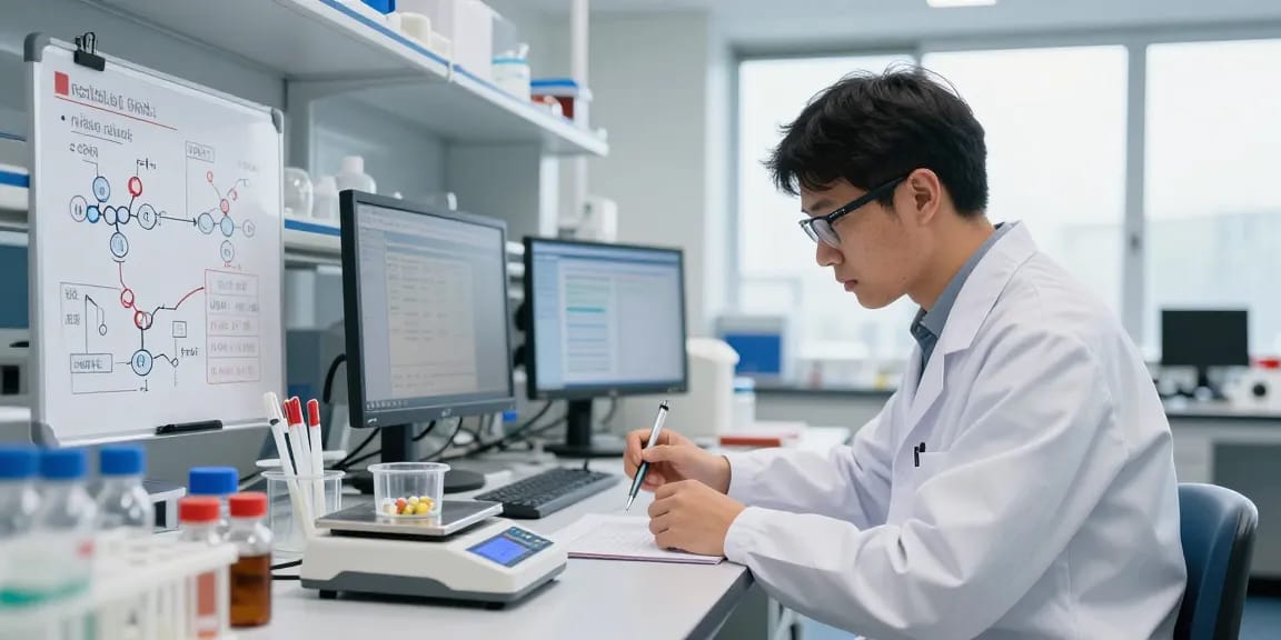 Researcher using a retatrutide pen in a modern lab for scientific experiments, surrounded by research data and clear lab equipment.