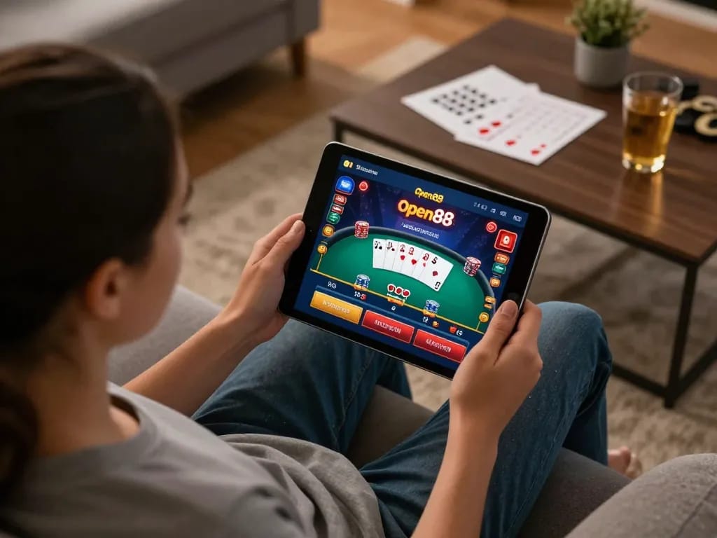 Engaging in online gaming with the Open88 app while strategy notes are visible, xem thêm open88 for exciting betting opportunities.
