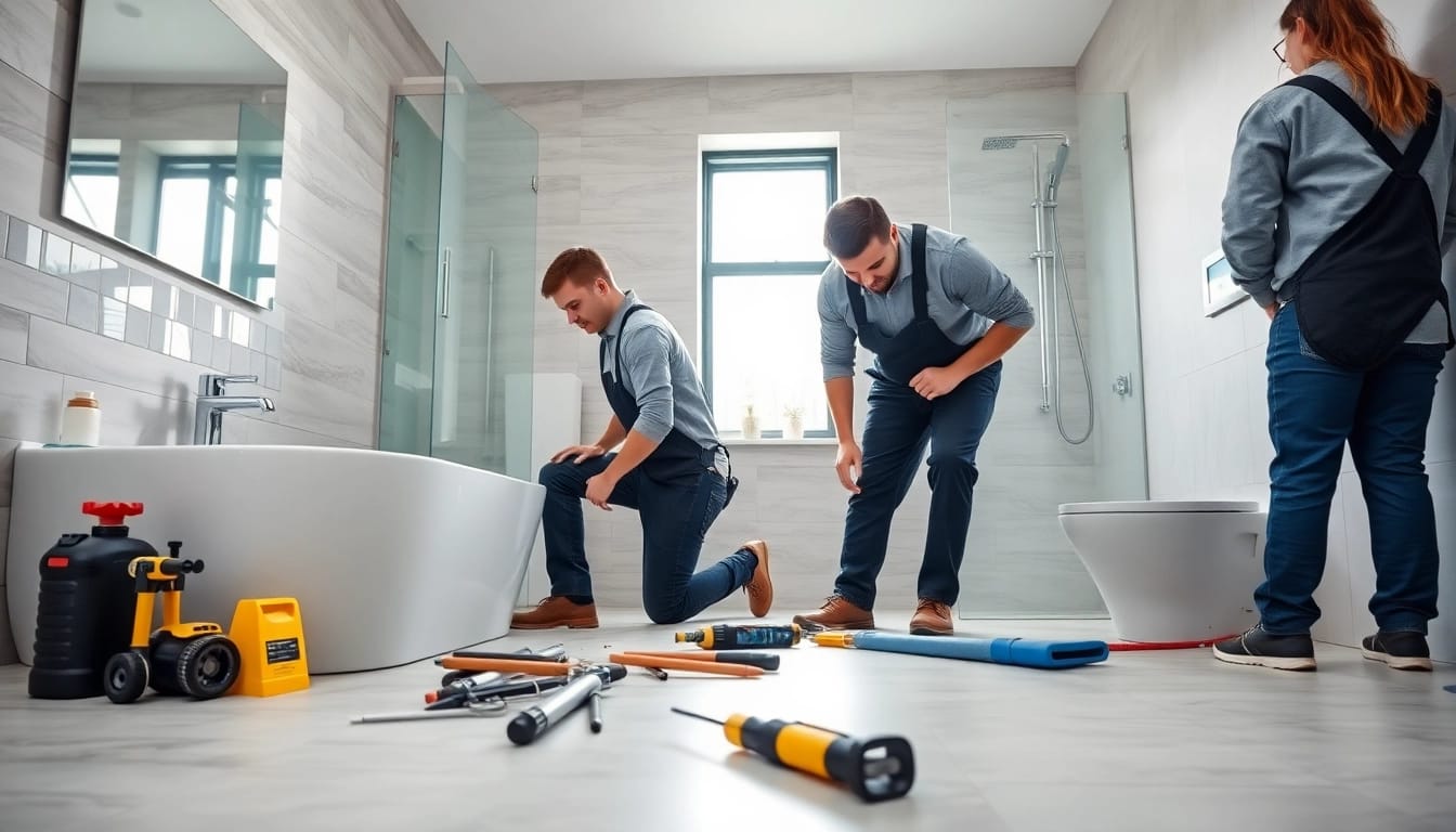 Manchester bathroom fitters installing a modern bathroom with sleek tiles and fixtures, showcasing craftsmanship.