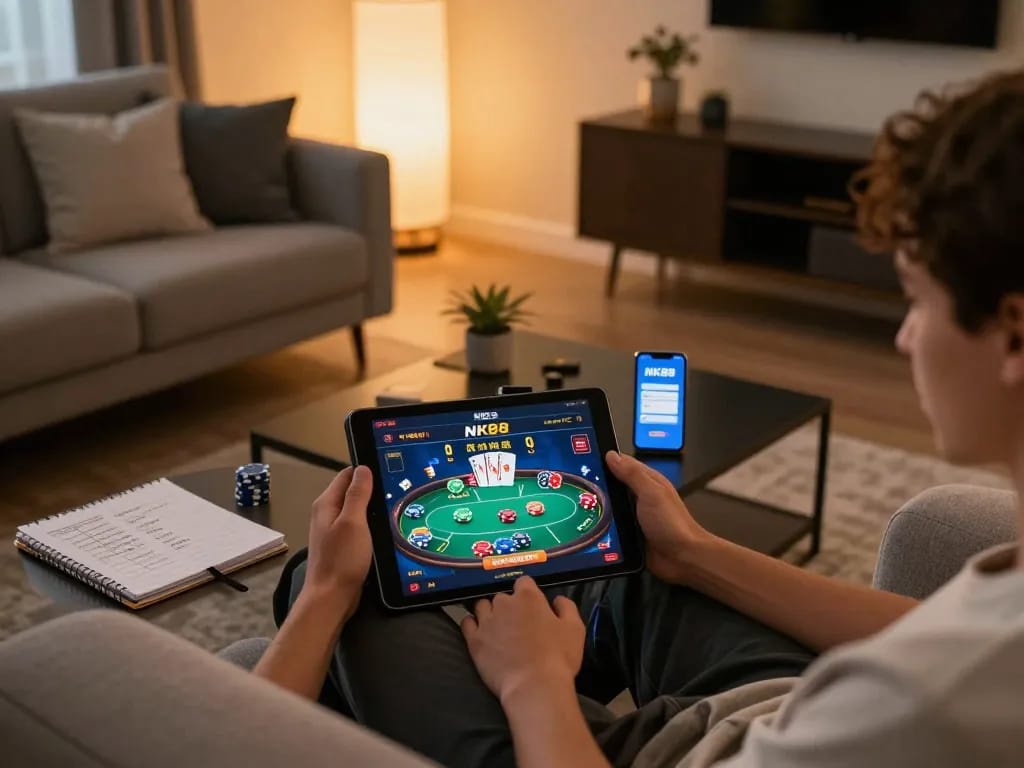 Engaging gameplay on the NK88 online platform, featuring a stylish home gaming setup with poker action.