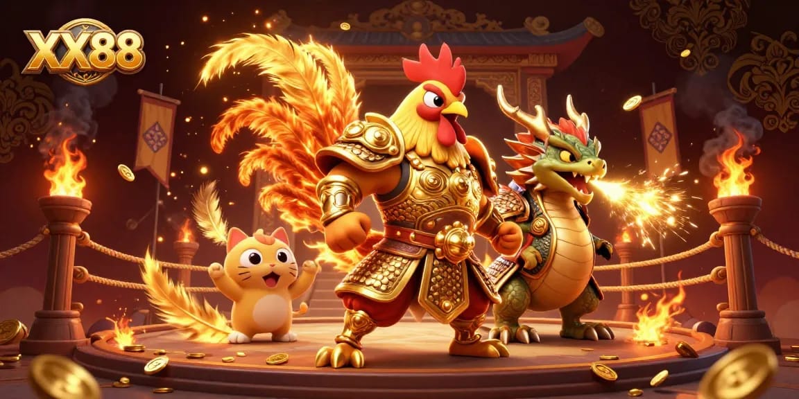 Experience thrilling fights with XX88’s dynamic fighting characters celebrating victory in the arena.