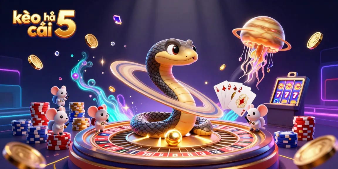 Place bets in kèo nhà cái 5 with a vibrant scene of Saturn ring snake and casino elements.