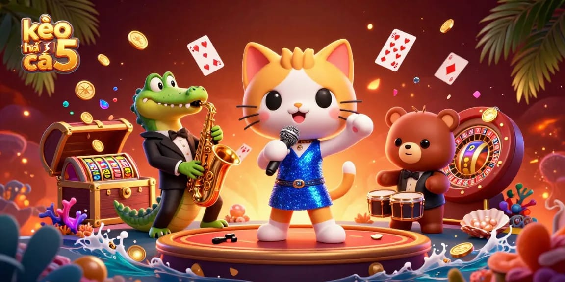 Capture thrilling action at kèo nhà cái 5 with a vibrant casino scene featuring captivating characters and dynamic elements.