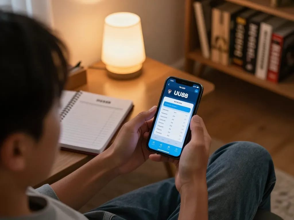 TẢI APP UU88 on mobile, showing exciting game interface in a cozy gaming setup.