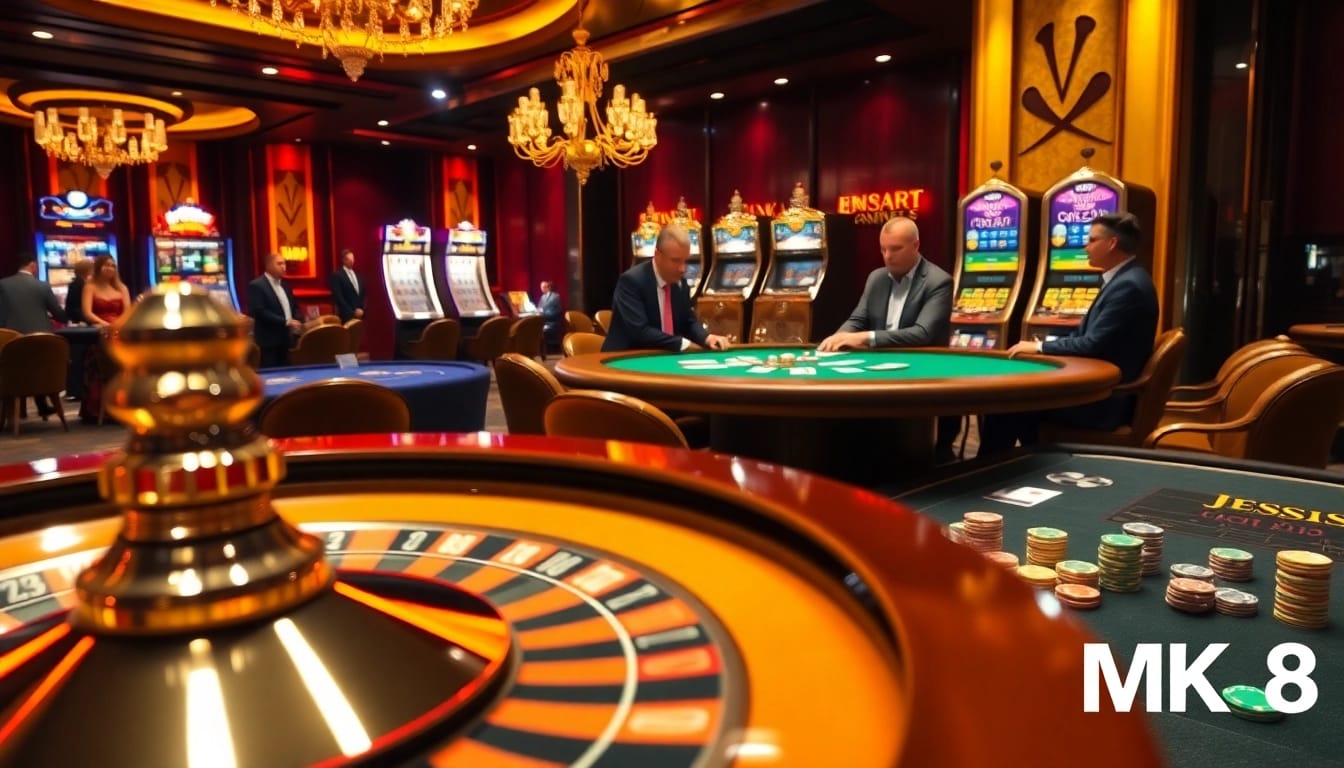 Players immerse in thrilling MK 8 casino experience with roulette and poker action.