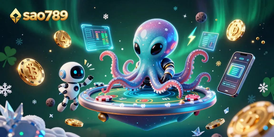 Shoot poker chips in the vibrant caos of the sao789 online casino, inhabited by an alien octopus in a space suit.
