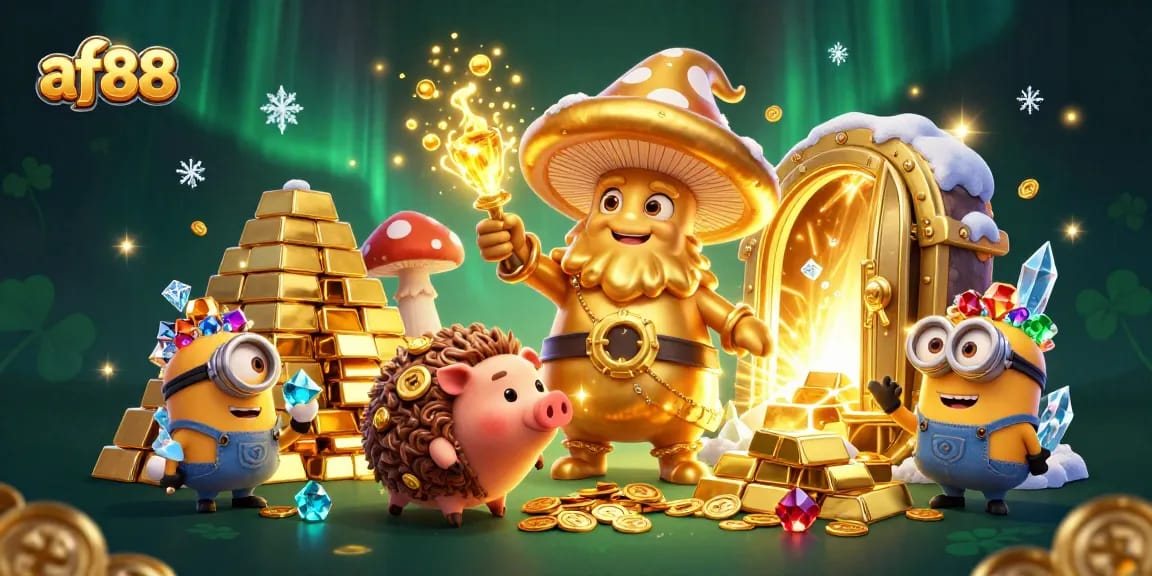 Engage with thrilling af88 gaming moments featuring a magical mushroom wizard and treasure elements.