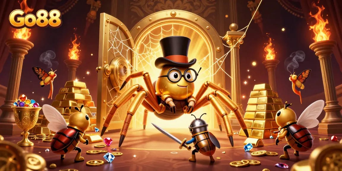 Engage with Go88's thrilling atmosphere as a golden tarantula weaves magic in a grand casino.