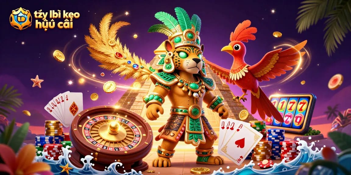 Engage with tỷ lệ kèo nhà cái from Mayan-themed casino illustration with glowing casino elements.