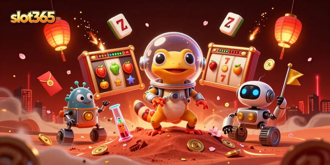 Spin the slot365 reels in a vibrant alien casino scene filled with excitement and treasures.