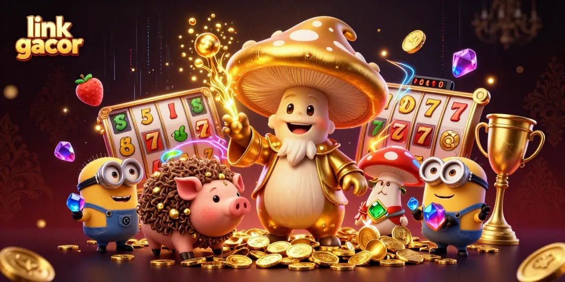 Engage in thrilling gameplay with link gacor in a vibrant, gold-themed casino illustration filled with magical elements.