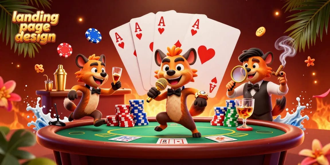 Engage with our landing page design featuring lively hyena characters at a vibrant casino.