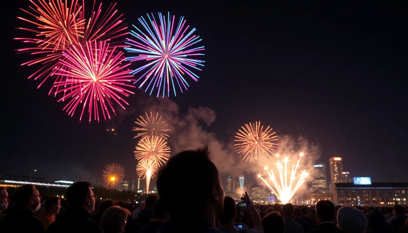 Crowd enjoying stunning manchester fireworks display lighting up the night sky.