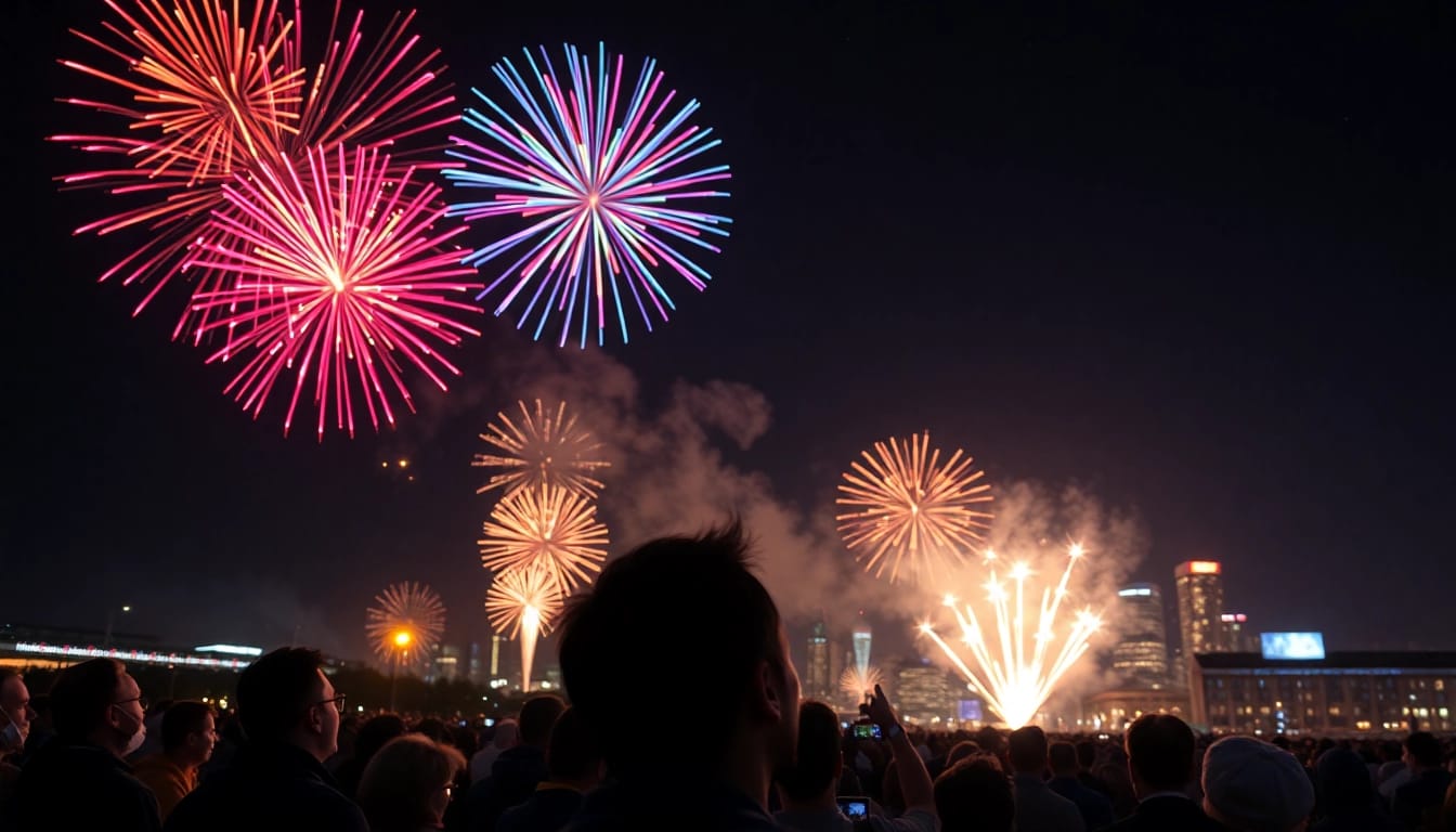 Crowd enjoying stunning manchester fireworks display lighting up the night sky.