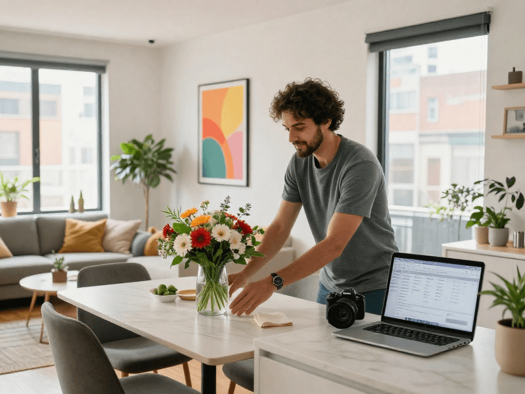 Inviting Airbnb space highlighting the best airbnb managers in melbourne with stylish decor, fresh flowers, and booking software on display.