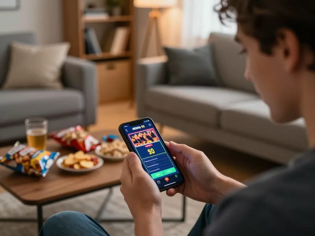 Player engaging with the NOHU 90 app during online gaming session in a cozy setting.