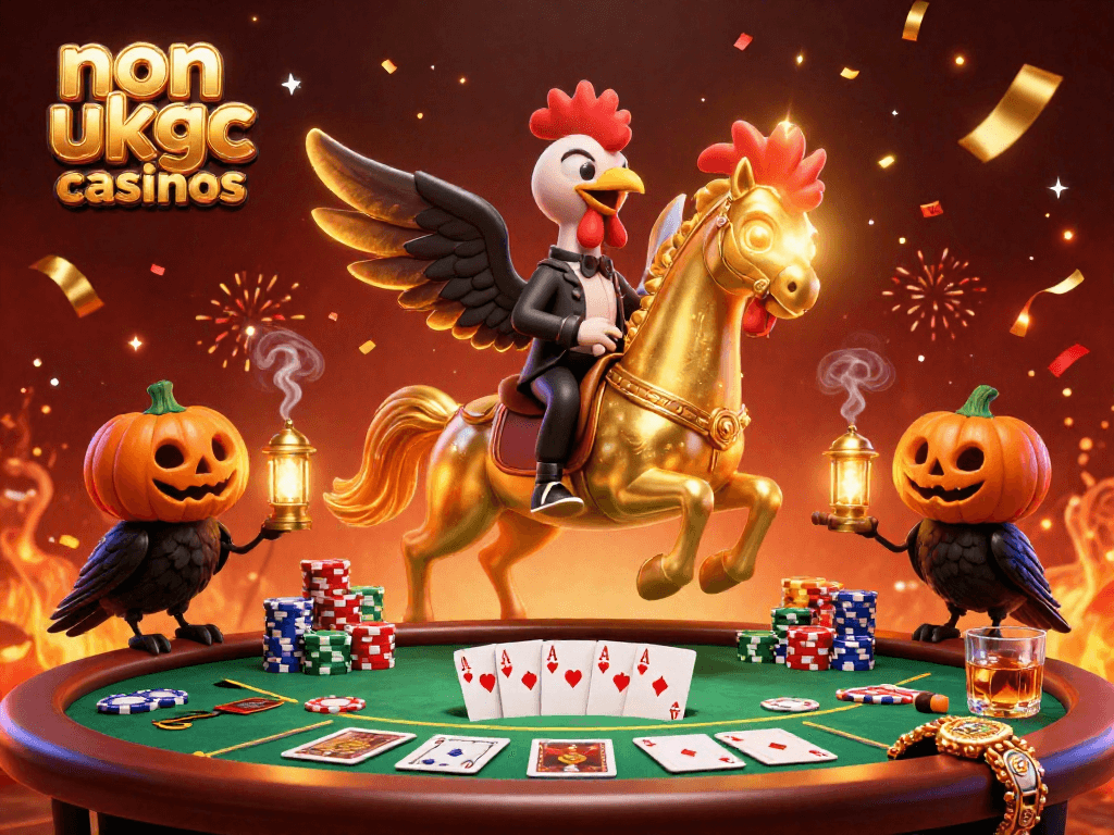 Experience the thrills of non ukgc casinos with captivating golden rooster characters amidst dynamic poker elements.