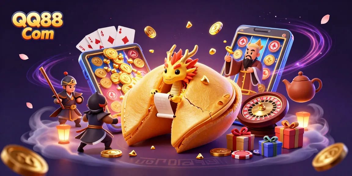 Win big with QQ88 Com in this vibrant 3D casino scene featuring games and golden rewards.