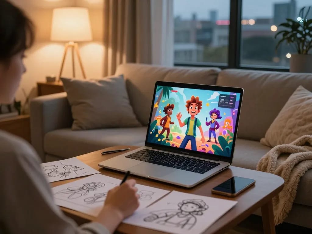 Interactive scene of character AI NSFW roleplay on a laptop, with animated characters and cozy home ambiance.