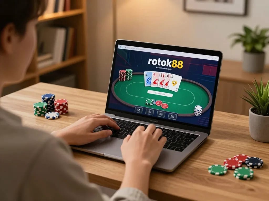 Engage with online gaming through rokok88 login on a laptop, showcasing a cozy home office setup.