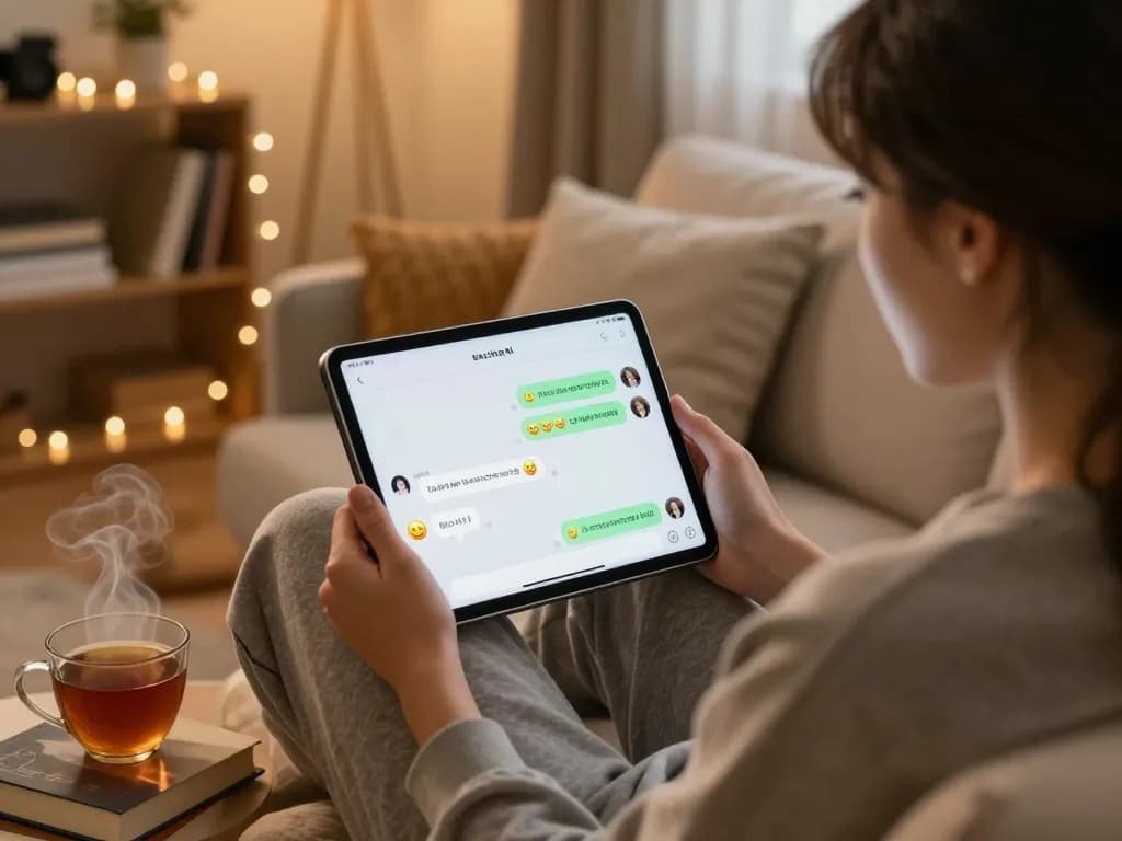Engaging conversation on sex chat AI between a user and a virtual companion in a cozy living room.
