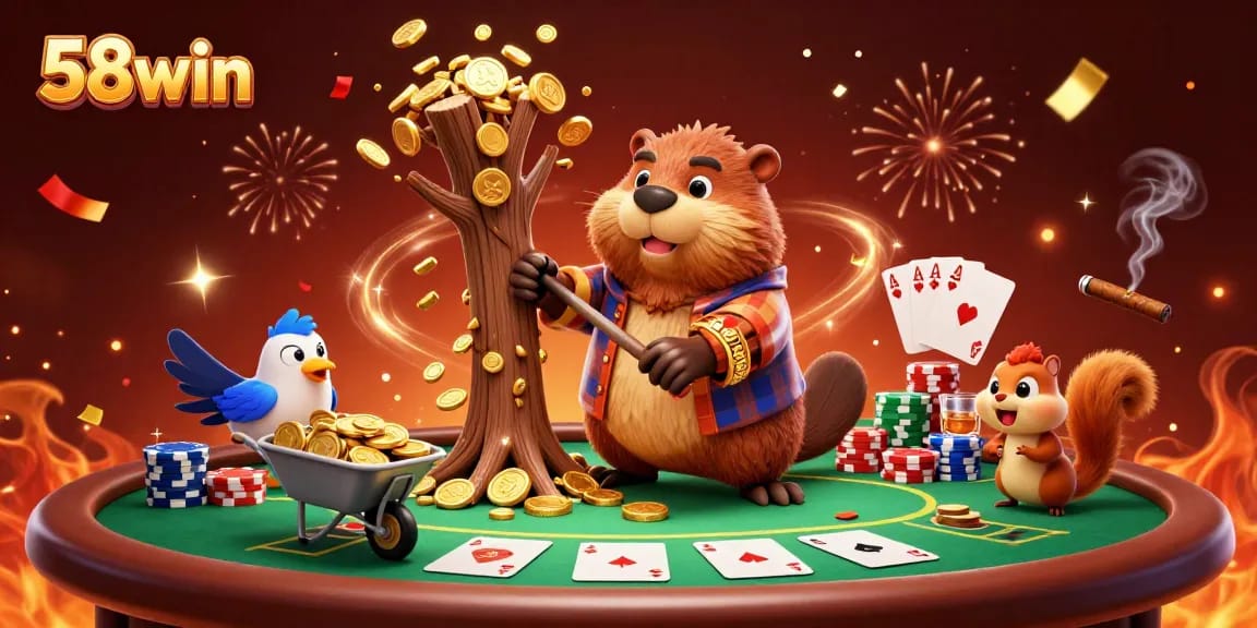 Experience the thrill of winning with 58win as a beaver chops a money tree in this dynamic casino scene.