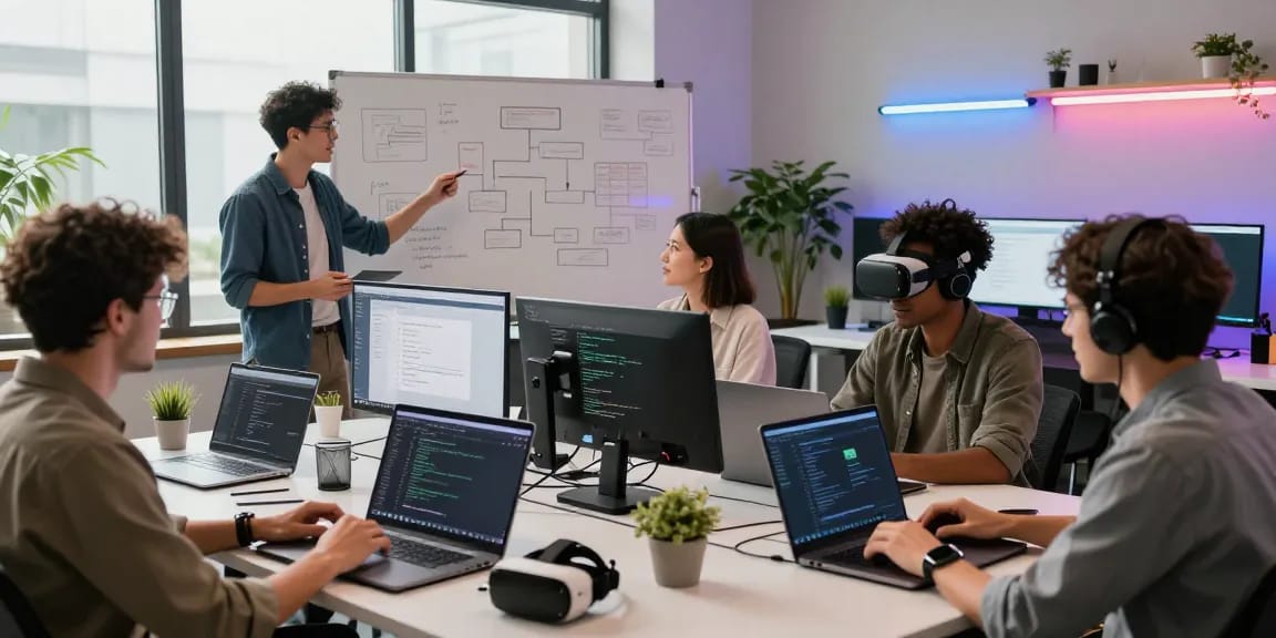 Dynamic team collaboration in a tech workspace showcasing juicy ai developments with laptops, flowcharts, and vibrant energy.