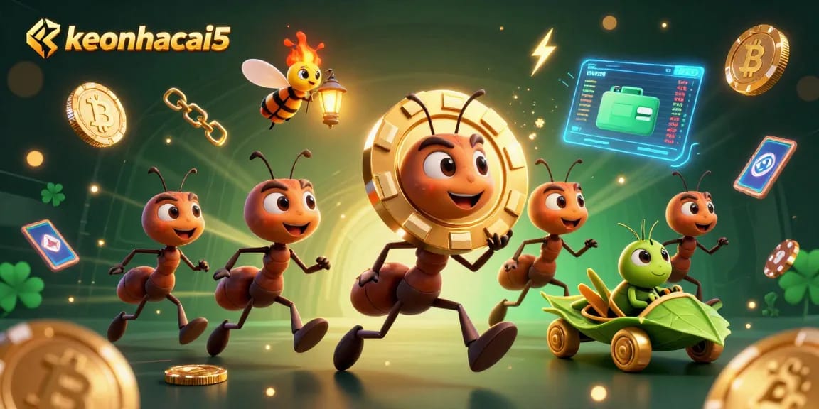 Engage in the thrilling heist of keonhacai5 with ants carrying a golden poker chip in a vibrant 3D casino scene.