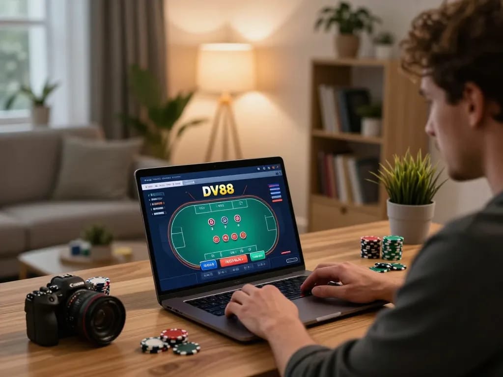 Player enjoying DV88 poker game on laptop at home, showcasing strategic gameplay and cozy atmosphere