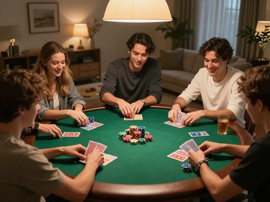 Players enjoying a lively home poker game at n188, with focused strategies and colorful chips