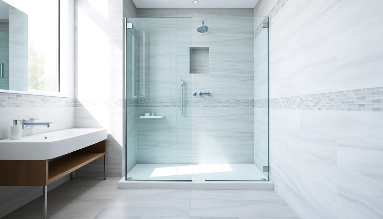 Elegant wet room shower screen enhancing a modern bathroom design with sleek transparency.