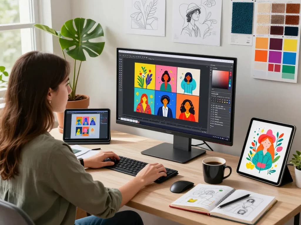 Designer using nano banana pro AI image editor in a creative workspace with vibrant images on a high-resolution screen.
