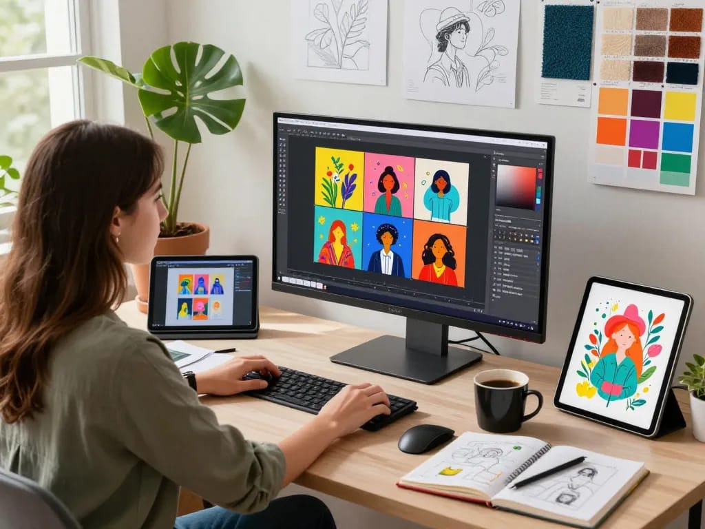 Designer using nano banana pro AI image editor in a creative workspace with vibrant images on a high-resolution screen.