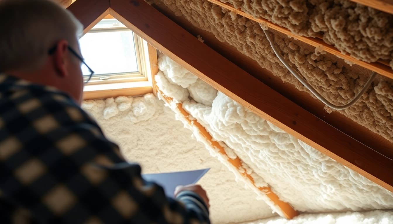 Addressing spray foam condensation issues in a home attic with clear visibility of insulation challenges.
