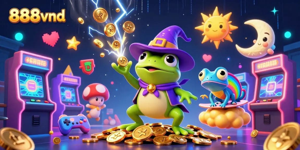 Experience thrilling gameplay and vibrant visuals with 888vnd's engaging casino illustration showcasing a wizard frog and chameleon.