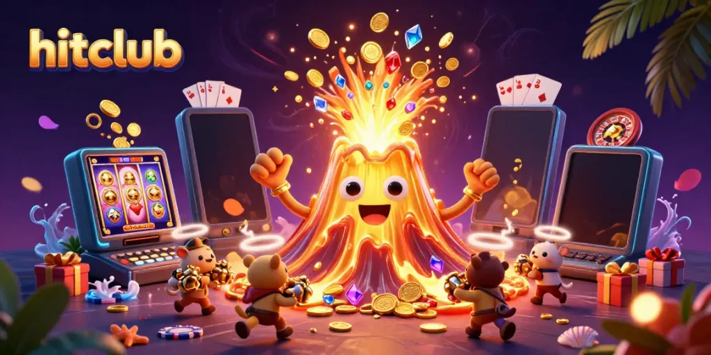 Experience winning moments at hitclub with a golden volcano erupting treasure, casino elements around.