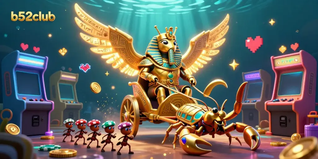 Experience the thrill of b52club with colossal characters and vibrant game elements in a dynamic casino scene.