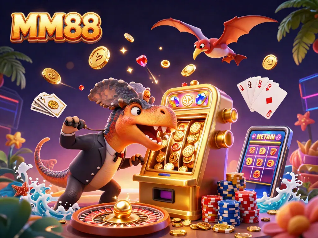 Experience the thrill of MM88 with a vibrant cartoon scene of dinosaurs and casinos.