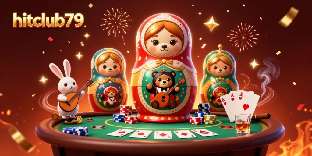 Engage with hitclub79 through a vibrant scene of playful bears and casino elements showcasing poker excitement.