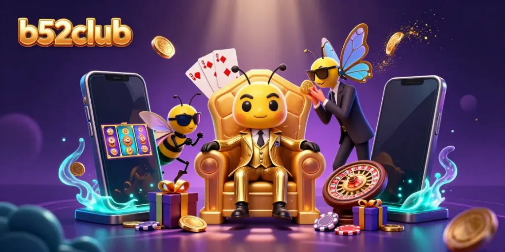 B52clubb features a playful 3D mob boss and bodyguards in a vibrant casino scene filled with games and gold.