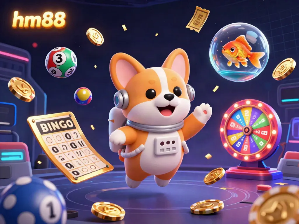 Experience the excitement of hm88 with a spirited space casino scene featuring a floating corgi and colorful lottery elements.