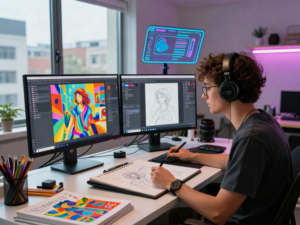 Artist creating AI NSFW illustrations in a vibrant modern workspace with dual monitors and urban views.
