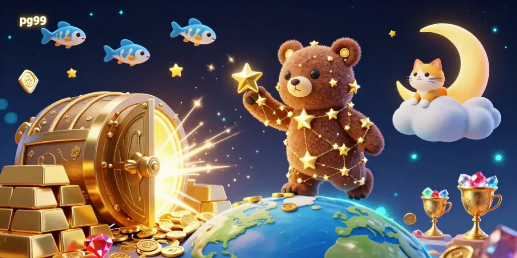 Experience the thrill of gambling with pg99, featuring a constellation bear and treasure elements.
