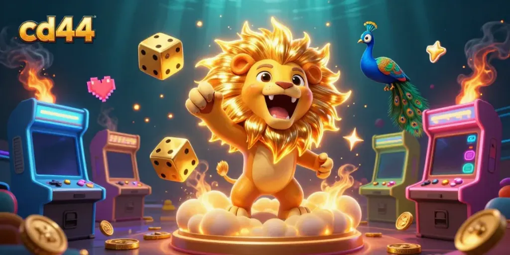 Engage with cd44 in a vivid 3D casino scene featuring cartoon characters and colorful gaming machines.